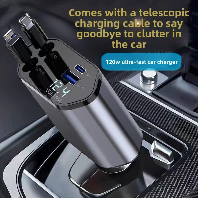 120W 4-in-1 Retractable Car Charger with Fast Charging Cable