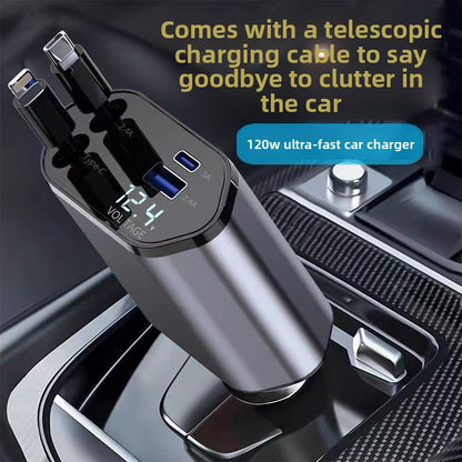 120W 4-in-1 Retractable Car Charger with Fast Charging Cable
