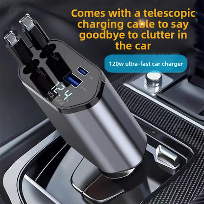 120W 4-in-1 Retractable Car Charger with Fast Charging Cable