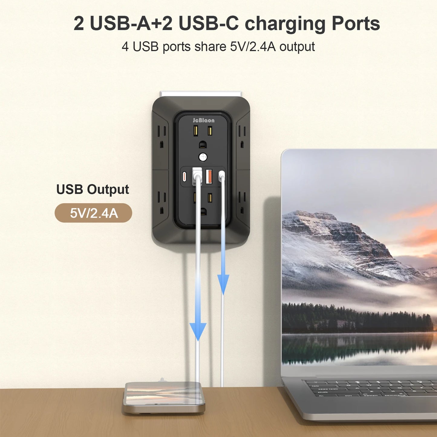 Power Strip 6 AC Outlets with 2 USB & 2 Type-C Ports