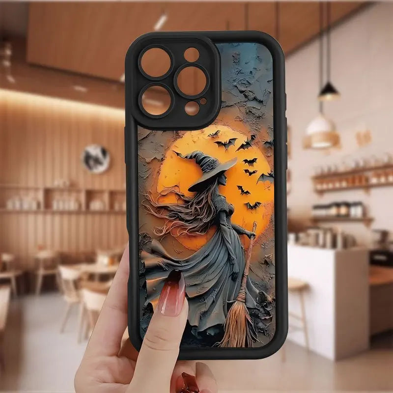 Halloween Witch Pattern Silicone Phone Case For iPhone 16 Pro Max 15 Plus 14 13 12 11 17 Air 16E X XR XS 8 7 Shockproof Cover