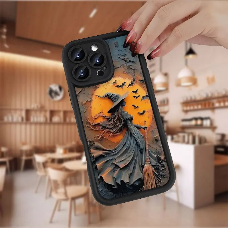 Halloween Witch Pattern Silicone Phone Case For iPhone 16 Pro Max 15 Plus 14 13 12 11 17 Air 16E X XR XS 8 7 Shockproof Cover