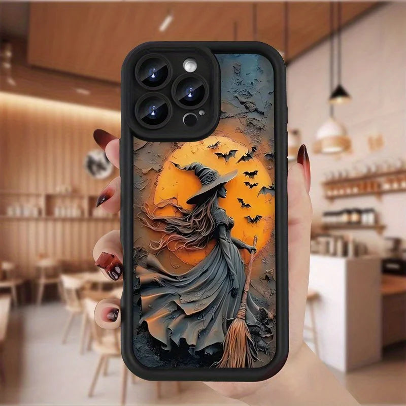 Halloween Witch Pattern Silicone Phone Case For iPhone 16 Pro Max 15 Plus 14 13 12 11 17 Air 16E X XR XS 8 7 Shockproof Cover