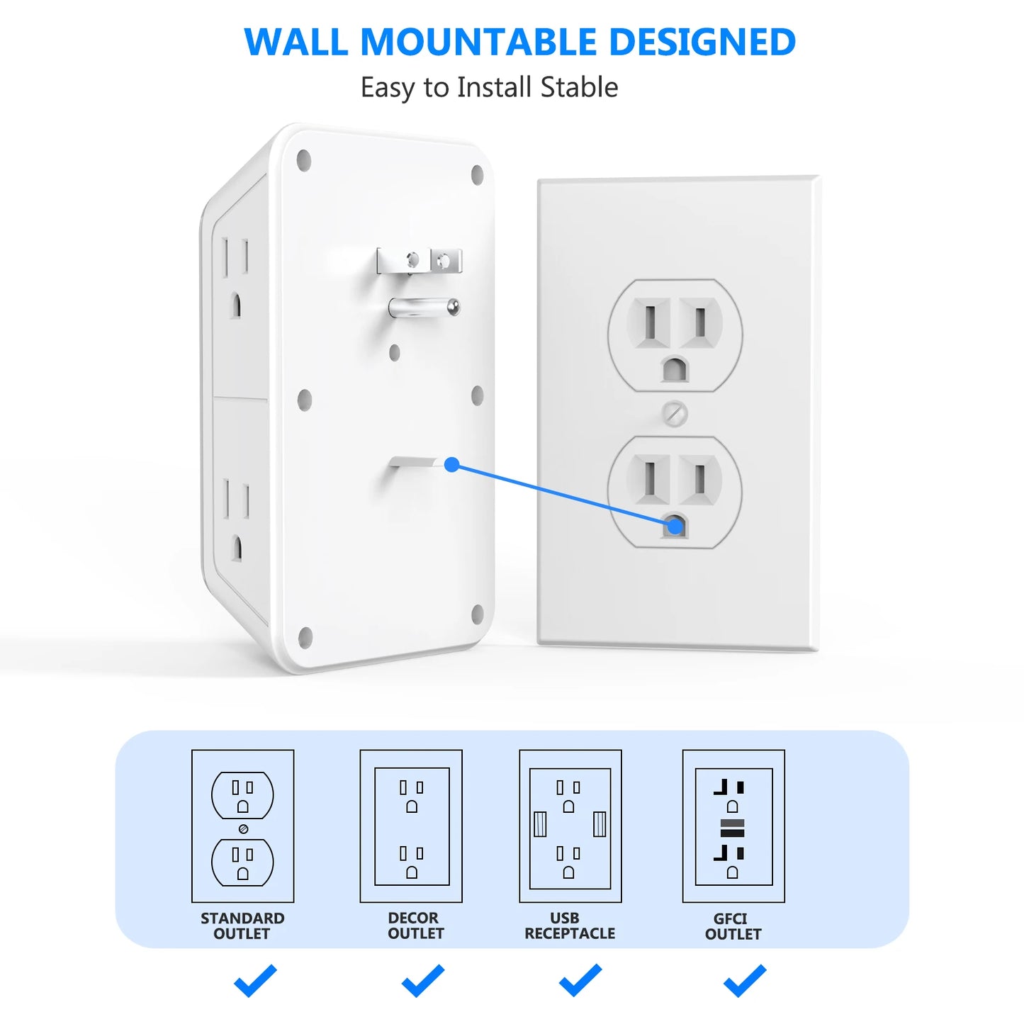 Power Strip 6 AC Outlets with 2 USB & 2 Type-C Ports
