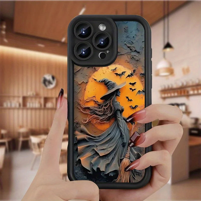 Halloween Witch Pattern Silicone Phone Case For iPhone 16 Pro Max 15 Plus 14 13 12 11 17 Air 16E X XR XS 8 7 Shockproof Cover