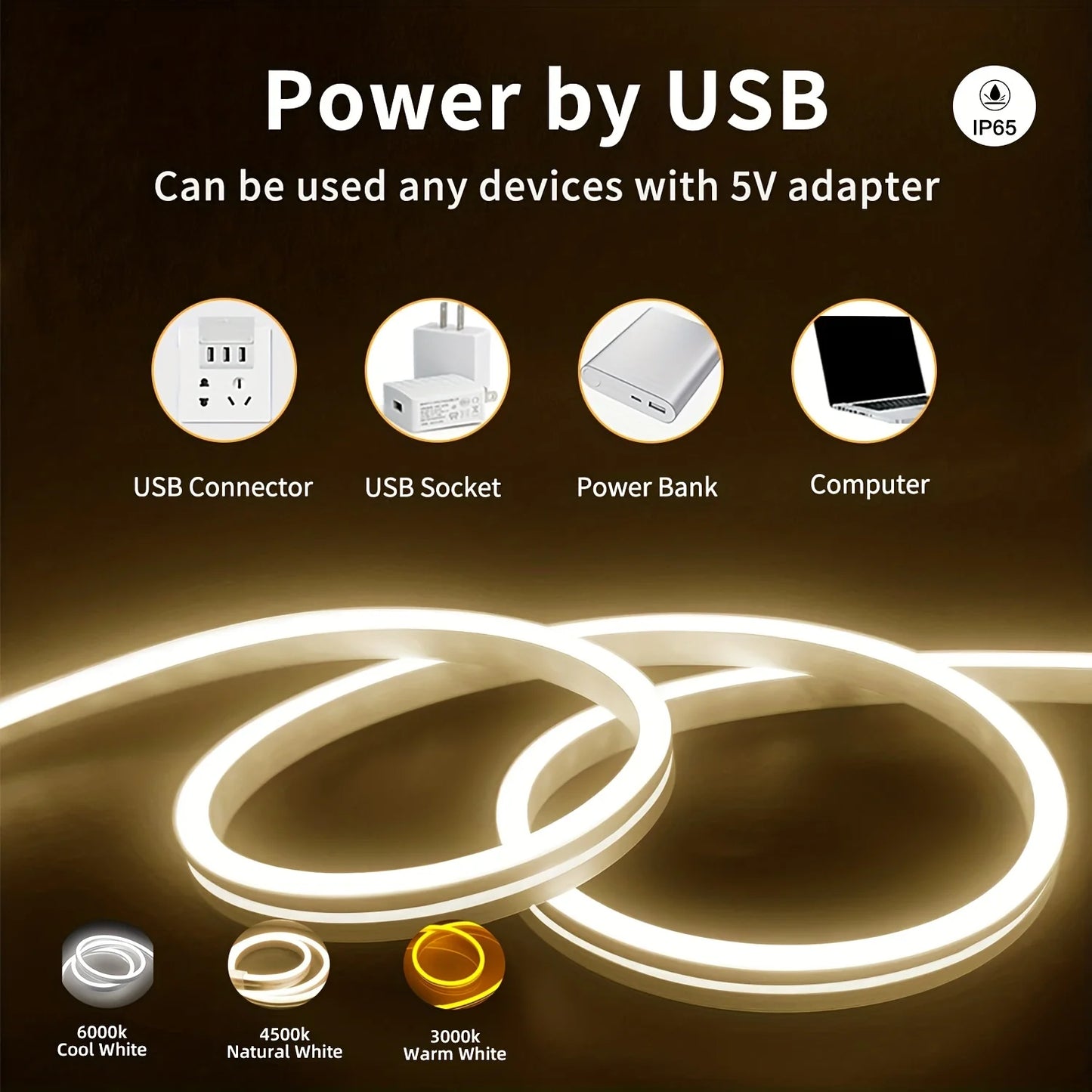USB LED Neon Strip Light – Dimmable, Waterproof IP67, 1-5m