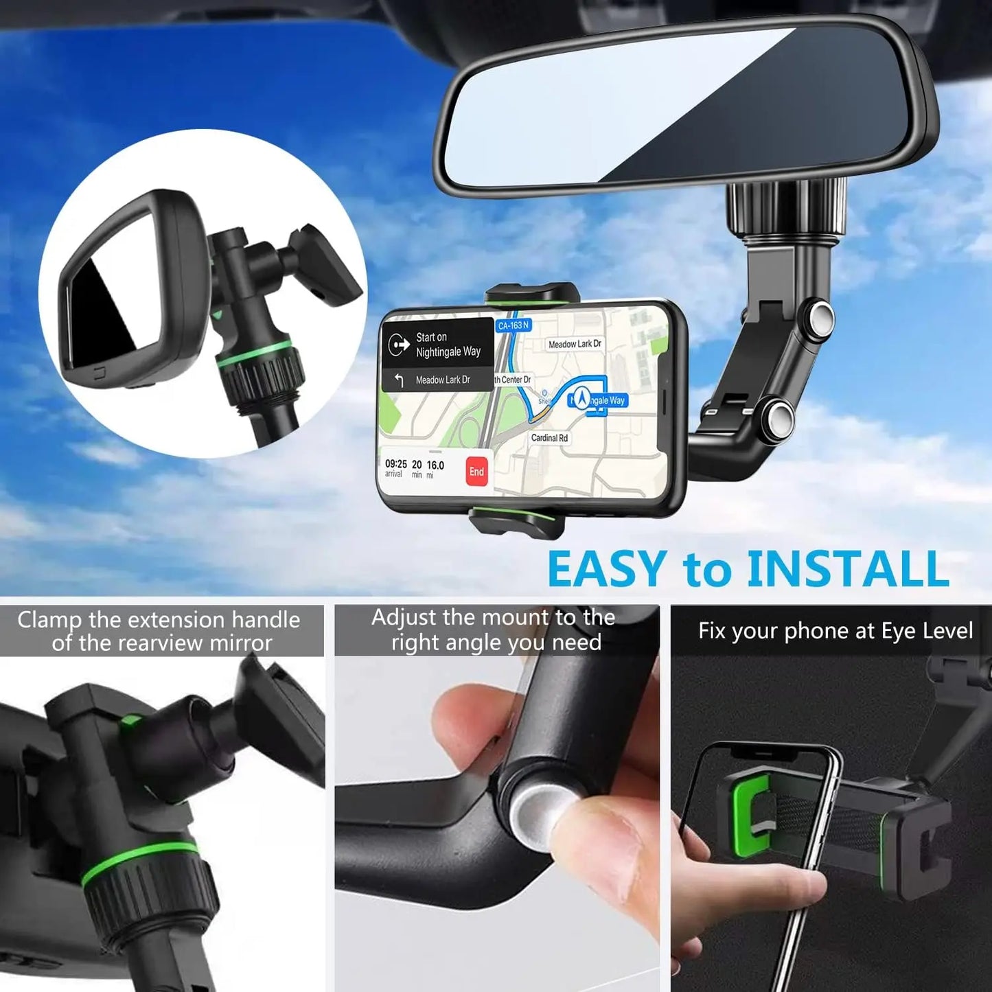 360° Rotatable Rearview Mirror Car Phone Mount
