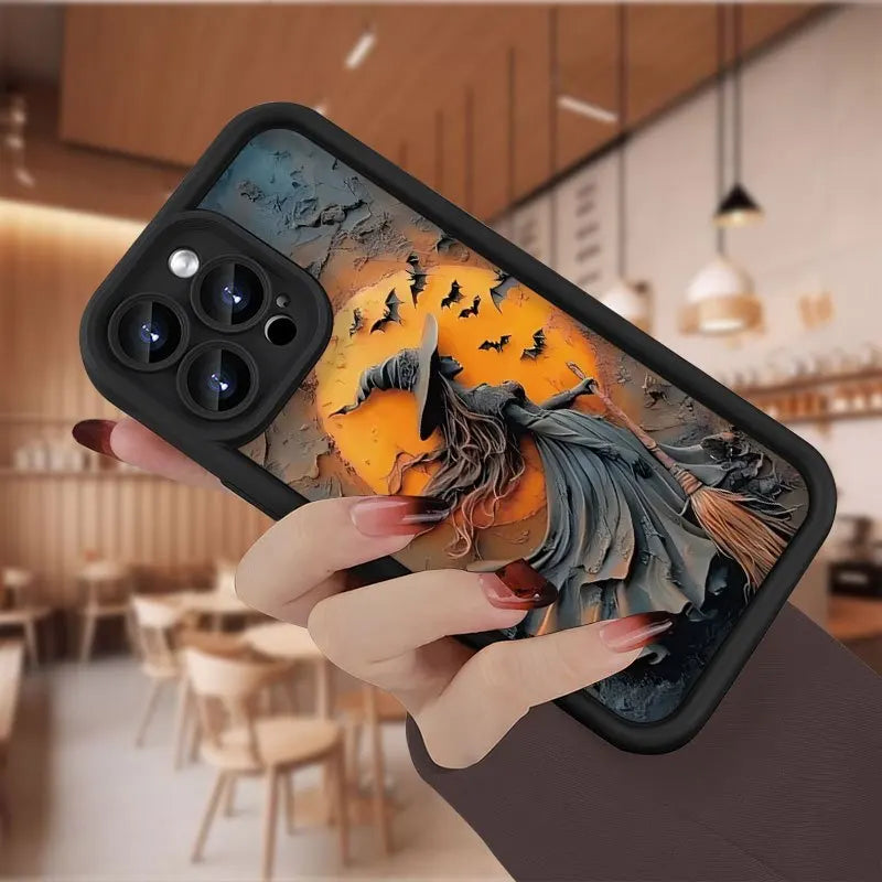 Halloween Witch Pattern Silicone Phone Case For iPhone 16 Pro Max 15 Plus 14 13 12 11 17 Air 16E X XR XS 8 7 Shockproof Cover