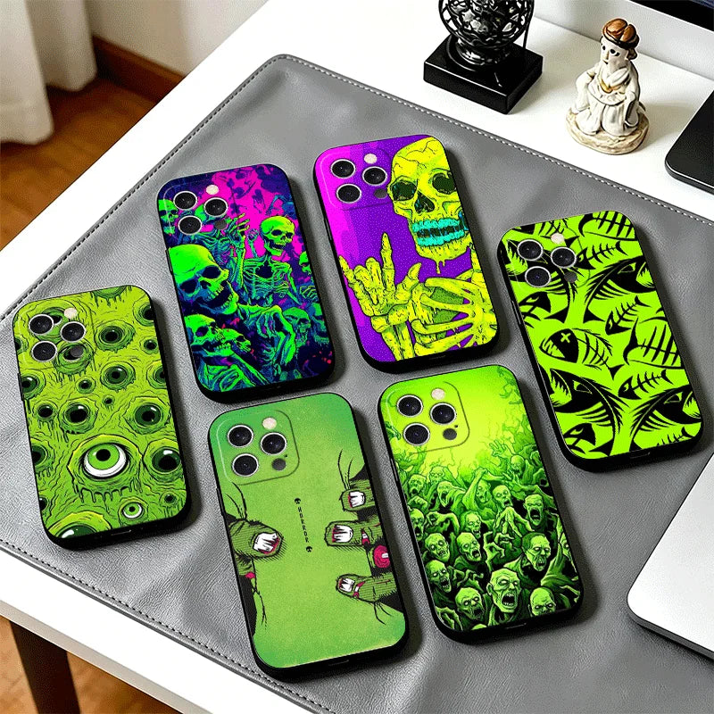Horror Zombie Skeleton Green Phone Case Cover for Iphone 11 12 13 Mini 14 15 Plus 16 17 Pro Max 17E 16E XS 7 8 Air SE Black Soft