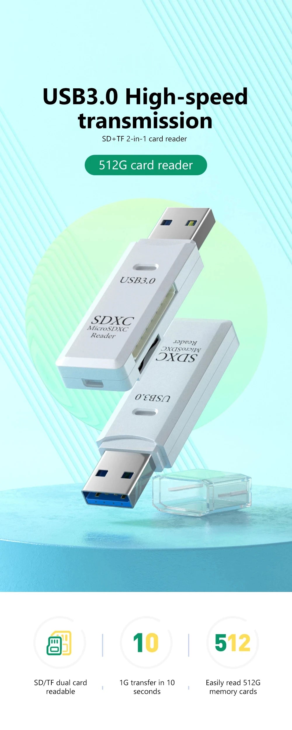2-in-1 USB 3.0/2.0 Card Reader – SD & TF Compatible