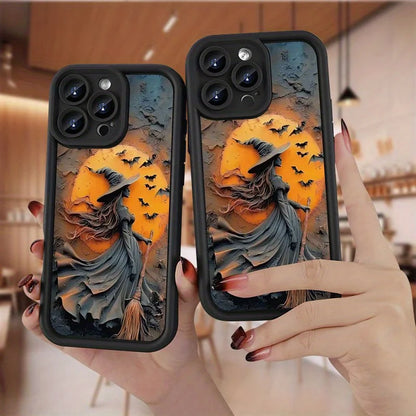 Halloween Witch Pattern Silicone Phone Case For iPhone 16 Pro Max 15 Plus 14 13 12 11 17 Air 16E X XR XS 8 7 Shockproof Cover