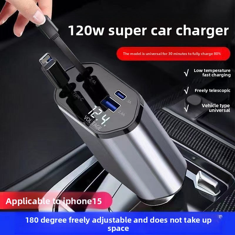 120W 4-in-1 Retractable Car Charger with Fast Charging Cable