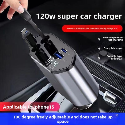 120W 4-in-1 Retractable Car Charger with Fast Charging Cable